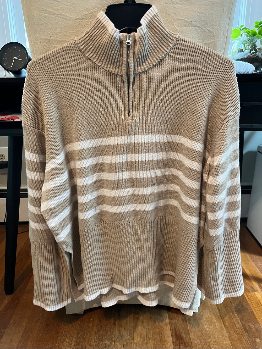 Rails Beige & White Striped Half-Zip Sweater